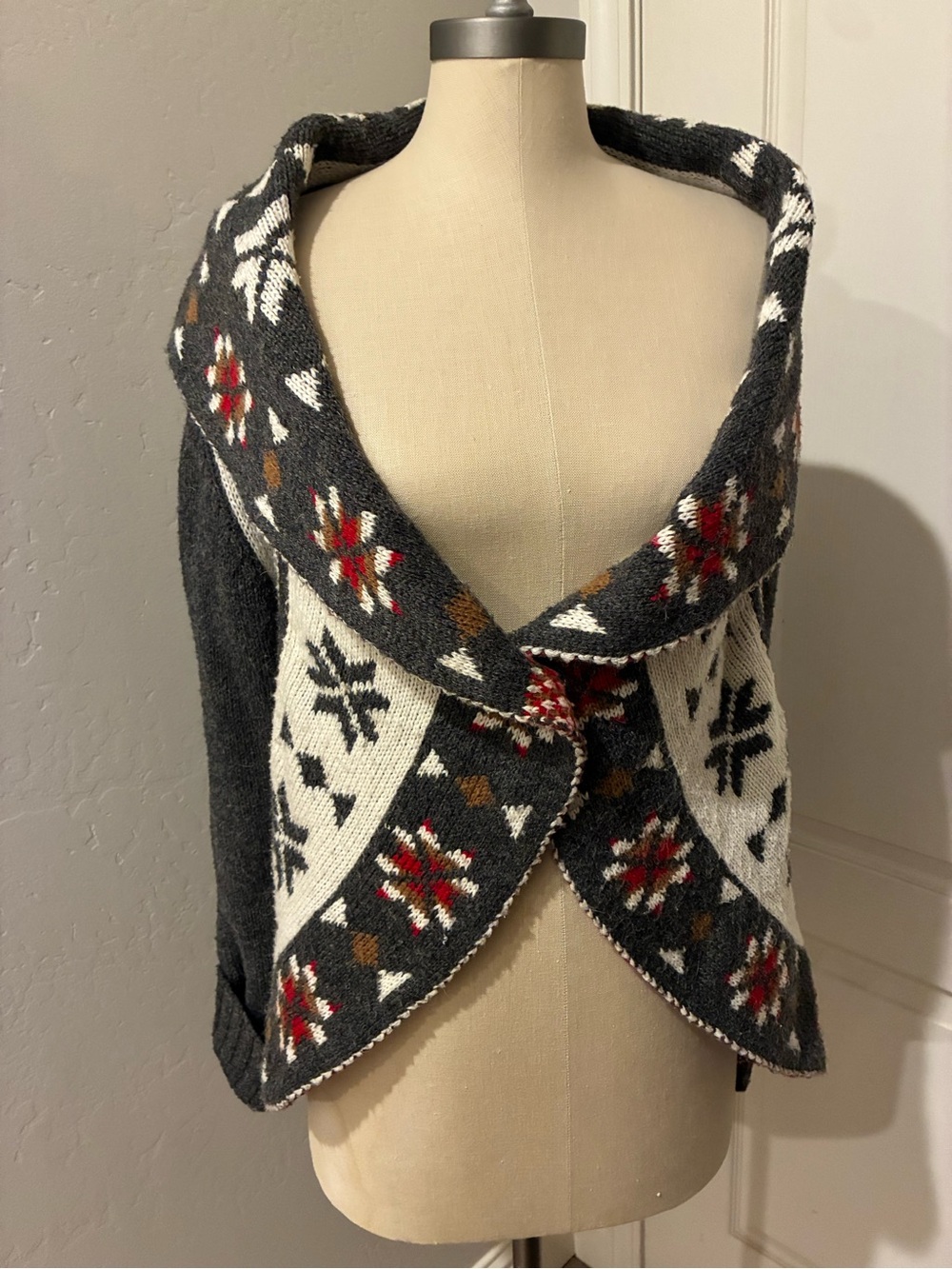 Tribal Geometric Fair Isle Shawl-Collar Cardigan size M